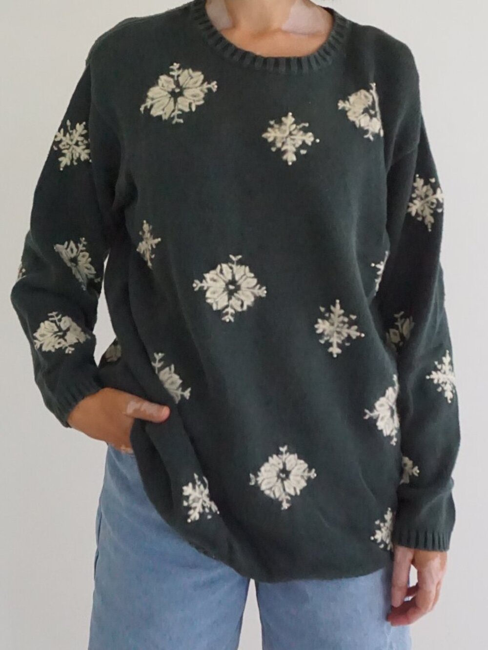Vintage Paul Harris Design Green Snowflakes Beaded Christmas Cotton Sweater XL